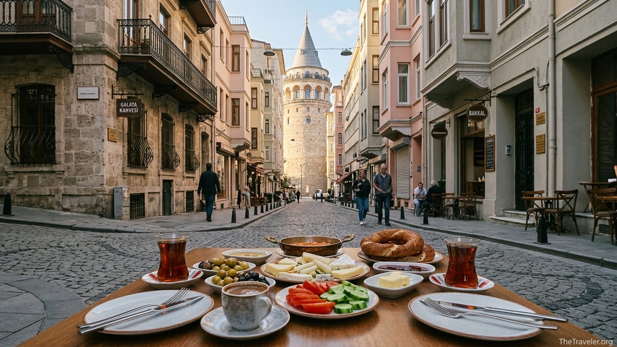 Turkish breakfast and tea on a café terrace with Galata Tower and cobbled street below.