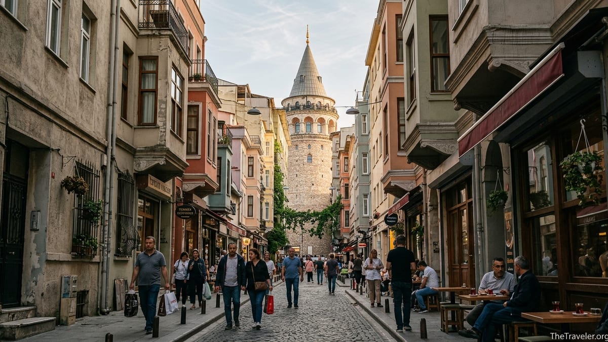Galata Tower rising above a cobbled street lined with cafés and old buildings in Istanbul’s Galata neighborhood.