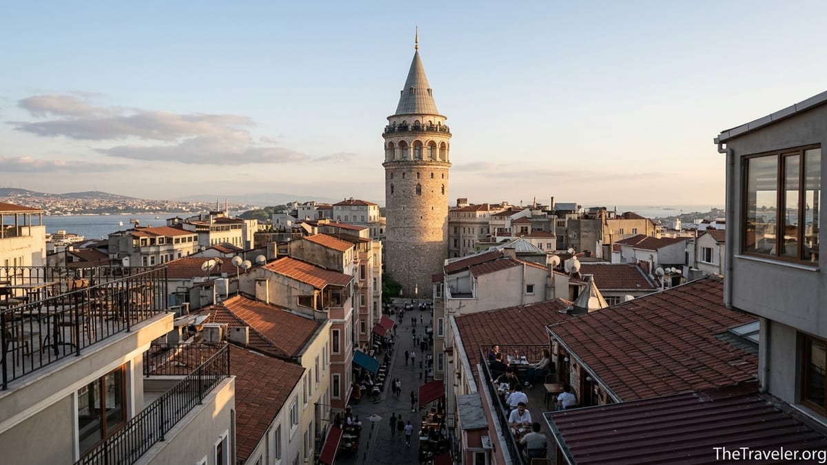 Galata Tower at golden hour rising above Istanbul rooftops in the Galata neighborhood.