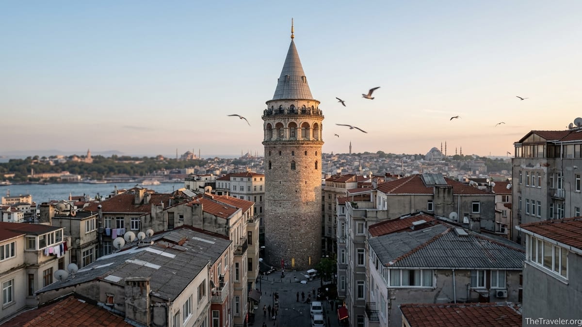 Galata Tower at golden hour above Istanbul’s Galata rooftops and the Golden Horn.