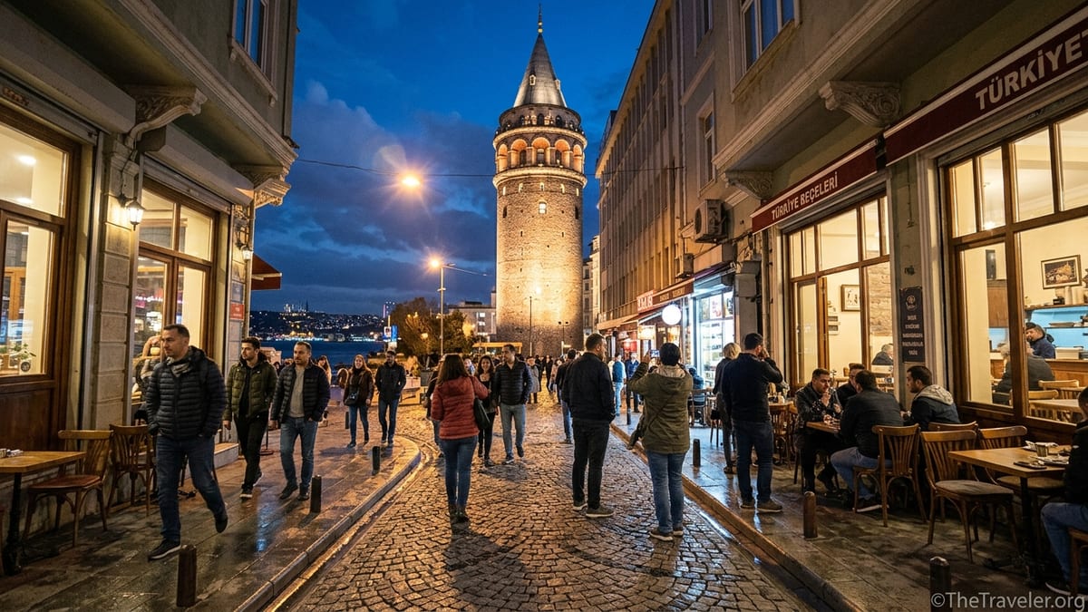 Nighttime view of Galata Tower above lively cobbled streets with cafes and pedestrians.