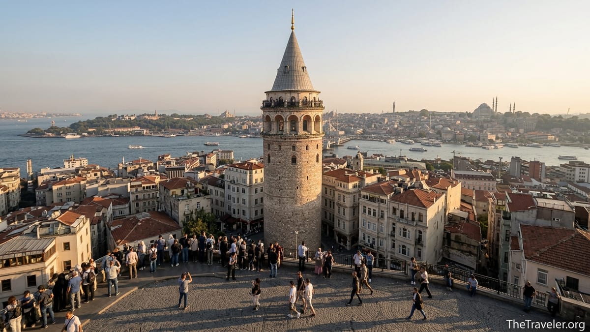 Galata Tower above Istanbul rooftops at golden hour with visitors gathering in the square.