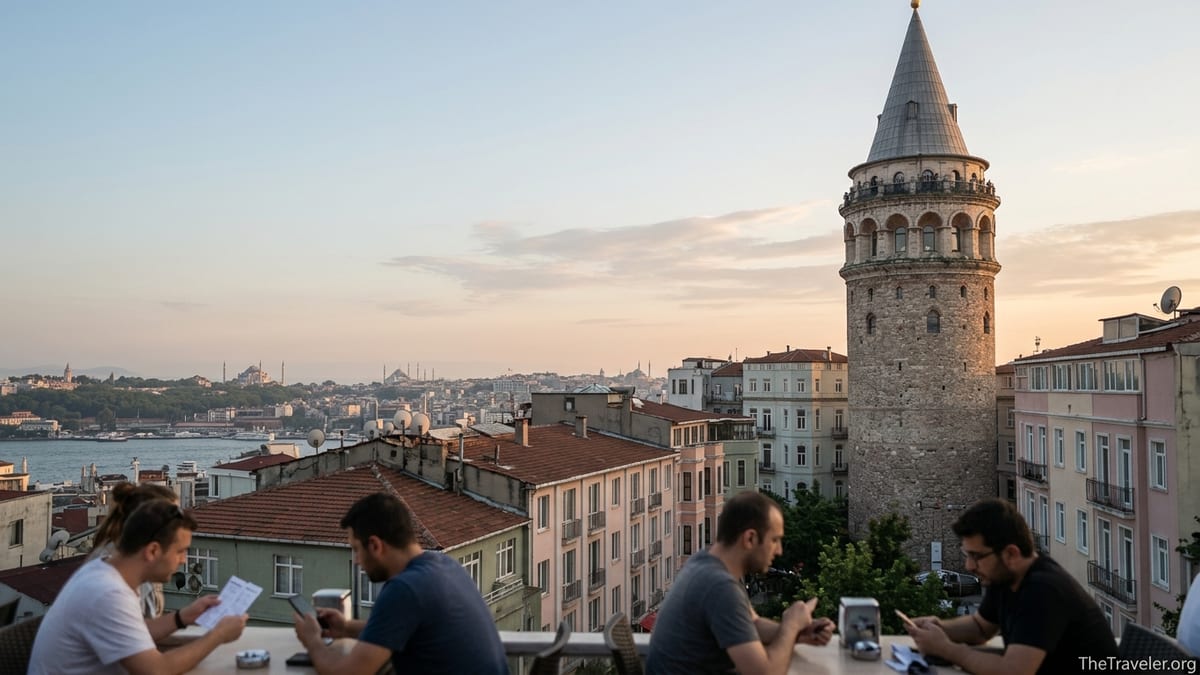 Galata Tower at golden hour above Beyoğlu rooftops with views over Istanbul.