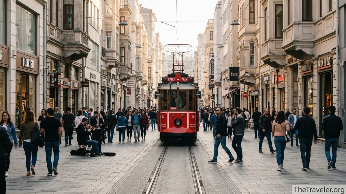 Crowds and a red nostalgic tram moving along Istiklal Avenue near Tünel Square in Istanbul.