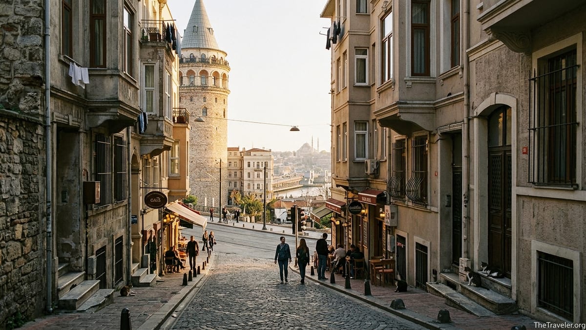 Downhill cobbled street from Galata Tower toward Karaköy with cafés, people walking and the Golden Horn in the distance.