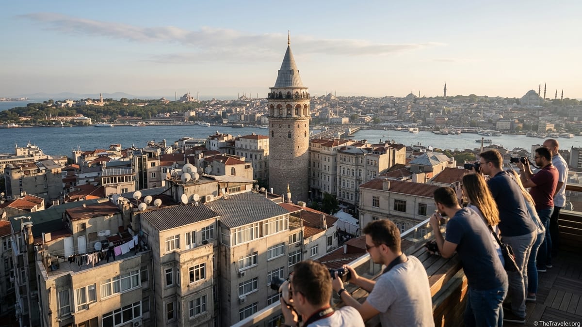Galata Tower rising above Istanbul rooftops at golden hour, seen from a nearby rooftop terrace.