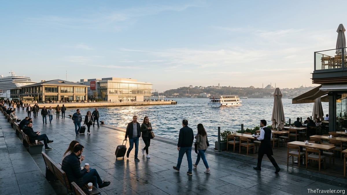 People walking along the Bosphorus promenade at Galataport Istanbul at sunset with cafes and ferries in view.