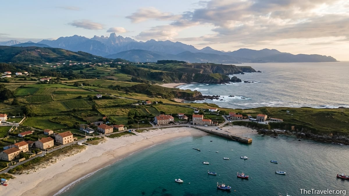 Aerial view of Galicia and Asturias coasts with beaches, cliffs and distant Picos de Europa at sunset.