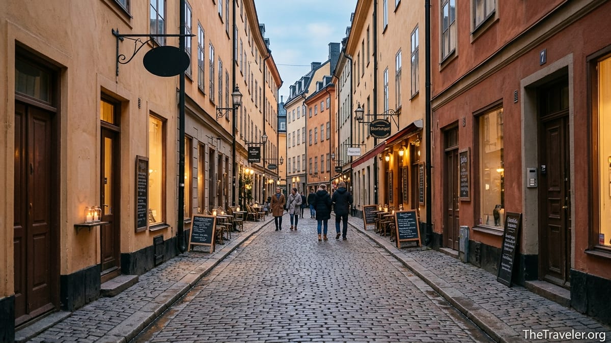 Evening street scene in Stockholm’s Gamla Stan with lit cafés and colorful old facades.