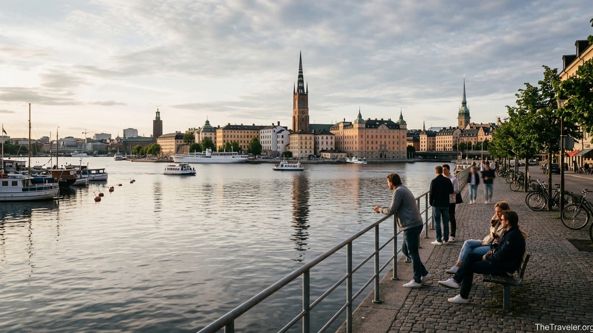 View from Södermalm over the water toward Gamla Stan’s historic skyline at golden hour in Stockholm.