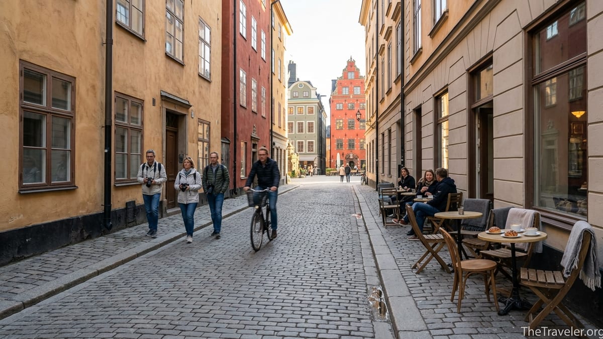 Cafes and pedestrians along a sunlit cobblestone street in Gamla Stan, Stockholm.