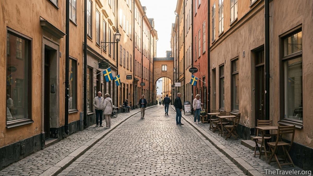 Cobblestone street in Stockholm’s Gamla Stan with warm-colored buildings and people strolling on a clear summer afternoon.