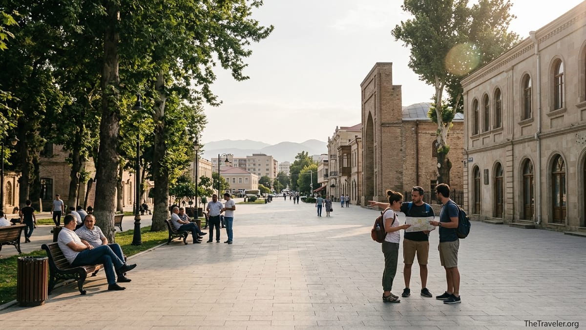 Golden-hour view of Khan’s Garden promenade and historic mosque in central Ganja, Azerbaijan