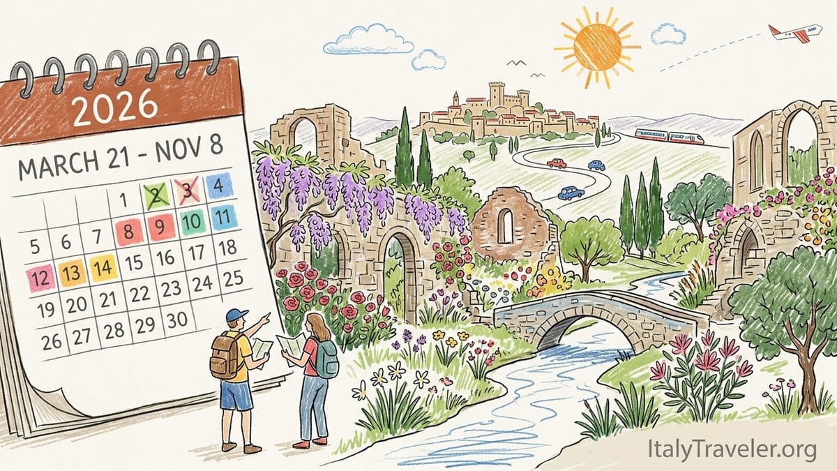 Spring view of the Garden of Ninfa with stone bridge, roses and visitors walking beside the river.