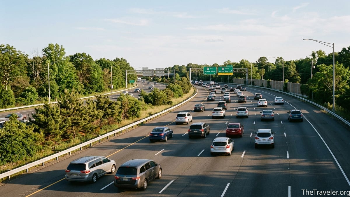 Southbound traffic on the Garden State Parkway on a clear summer afternoon.