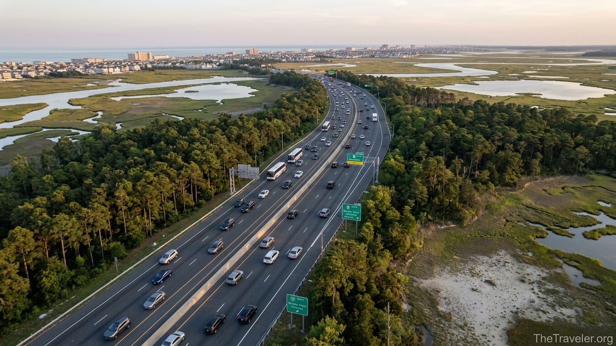 Aerial view of the Garden State Parkway winding toward the Jersey Shore at sunset.