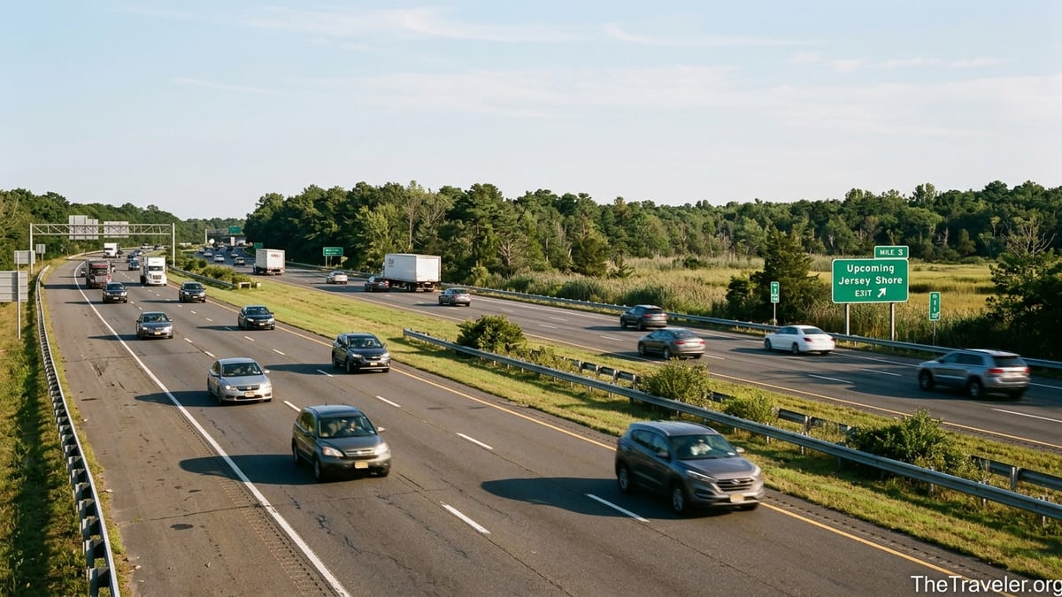 Cars traveling south on the Garden State Parkway in New Jersey on a clear afternoon