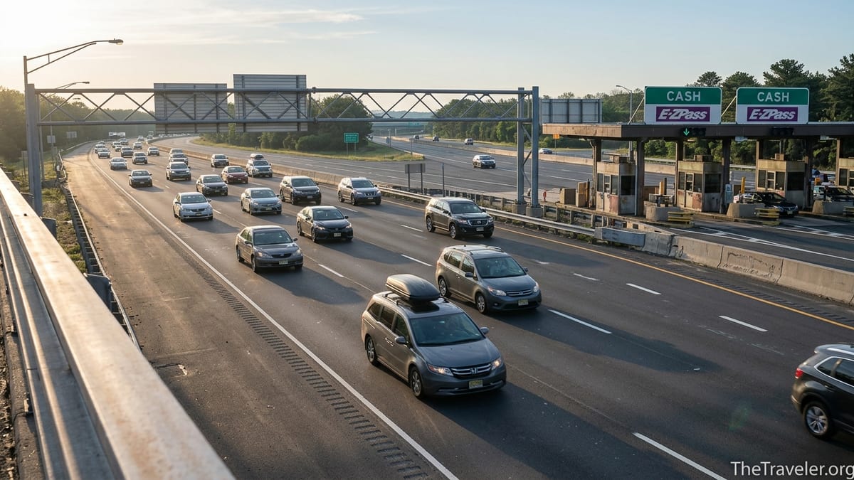 Cars approach a Garden State Parkway toll plaza with E-ZPass and cash lanes on a clear morning.