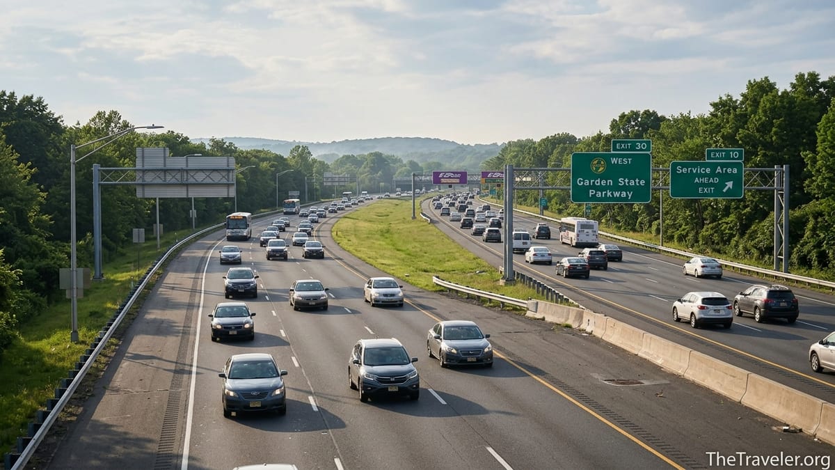 Busy summer traffic on the Garden State Parkway with toll gantry and green exit signs.