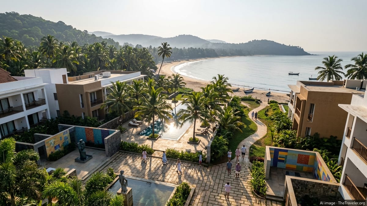 Wide view of Gateway Goa, Palolem resort between palms, hills and the Arabian Sea at sunrise.