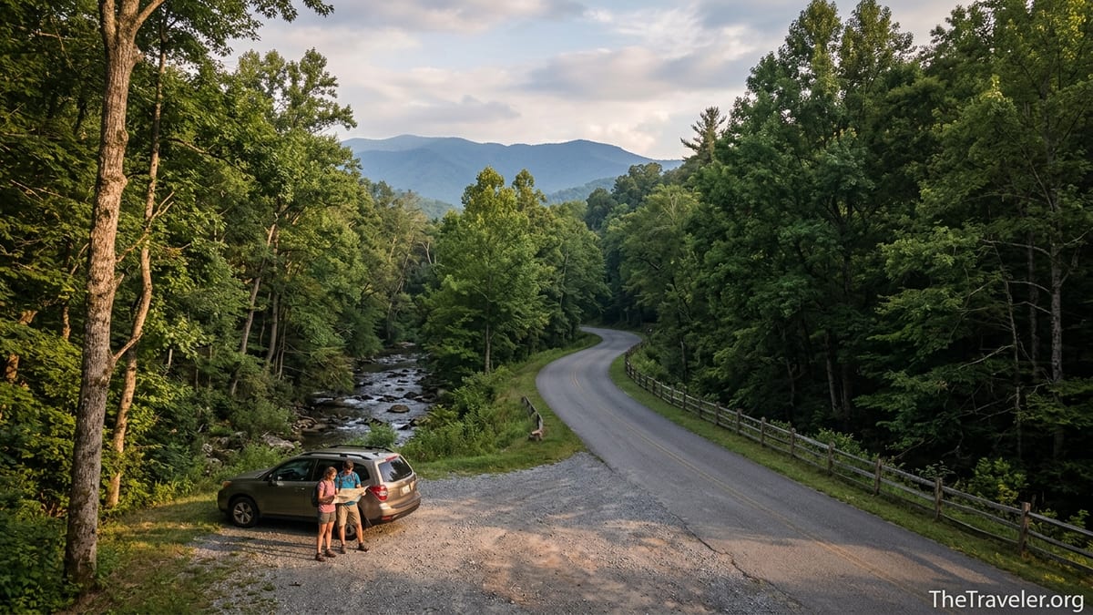 Quiet mountain road near Gatlinburg with hikers by a creek at golden hour.