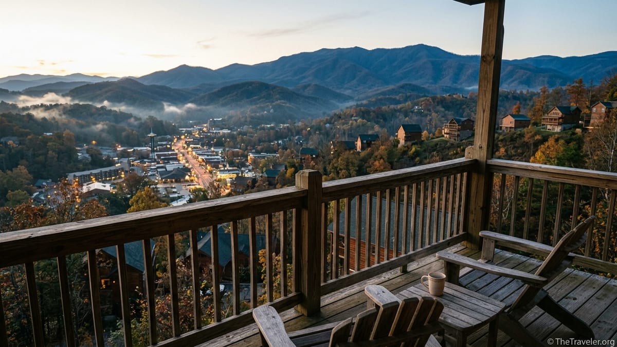 Mountain view from a Gatlinburg cabin deck overlooking town and Smoky Mountains at sunrise.