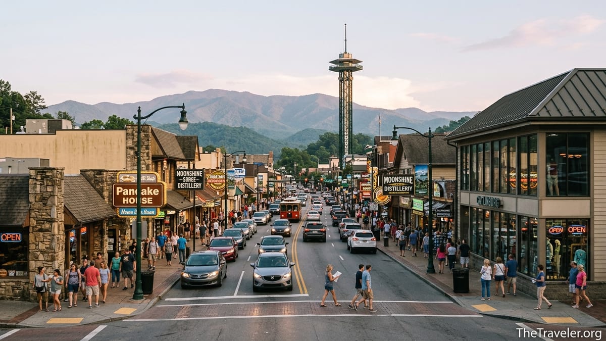 Busy evening street scene in downtown Gatlinburg with crowds, neon signs and Smoky Mountains in the background.
