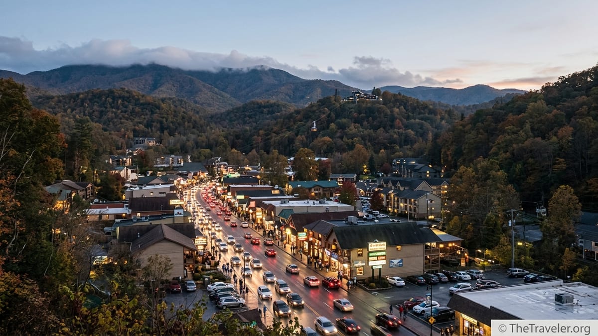 A twilight view of downtown Gatlinburg with Smoky Mountain ridges rising behind the busy gateway town.