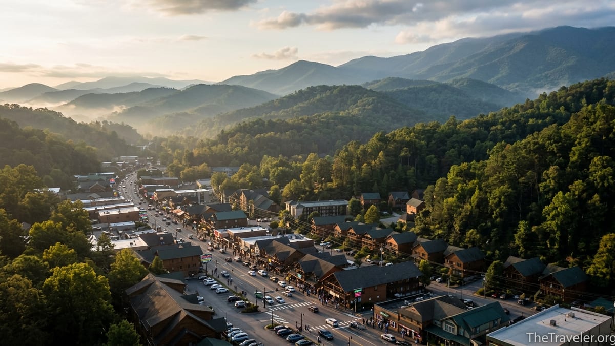 Sunrise over Gatlinburg’s Parkway framed by misty Smoky Mountains ridges.