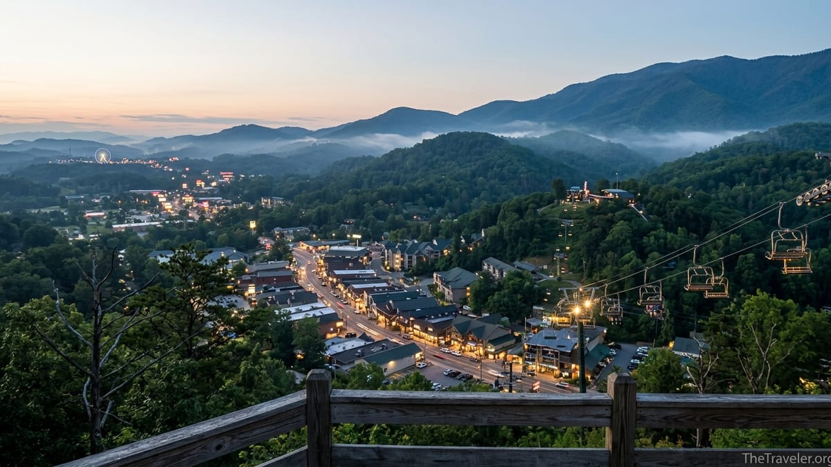 Evening view over Gatlinburg and the Smoky Mountains with distant Pigeon Forge lights.