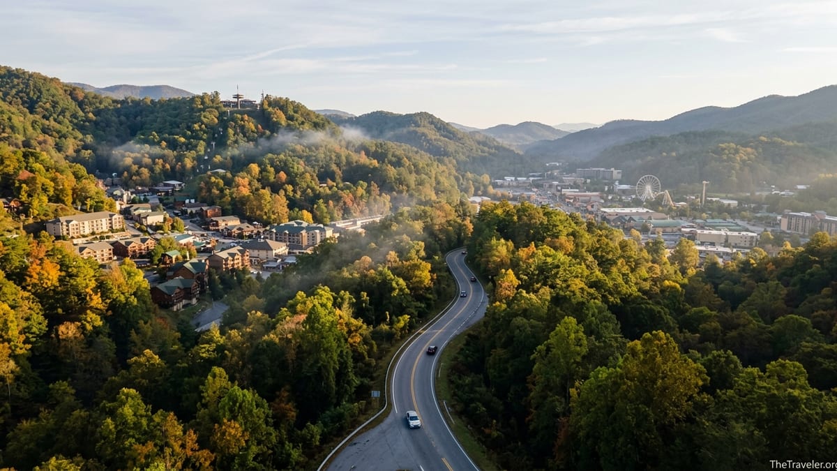 Aerial-style view of Gatlinburg and Pigeon Forge nestled in the Smoky Mountains in early autumn.