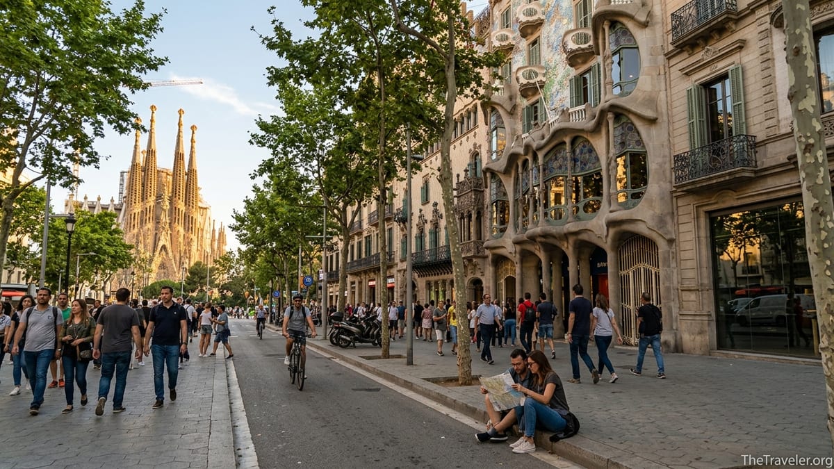 View of Sagrada Família and a Gaudí house facade at golden hour in Barcelona