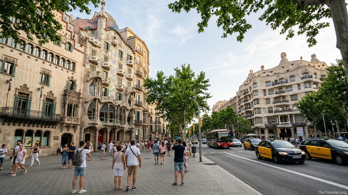 Street-level view of Gaudí’s Casa Batlló and Casa Milà on Passeig de Gràcia in Barcelona with pedestrians and taxis.