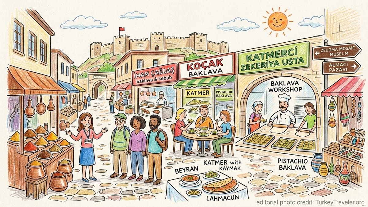 Food tour group tasting baklava and pistachios in Gaziantep’s historic bazaar.