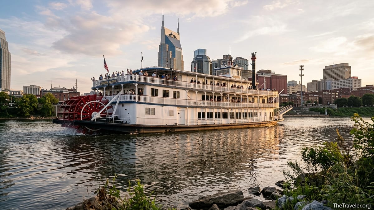 General Jackson Showboat cruising the Cumberland River near downtown Nashville at sunset.