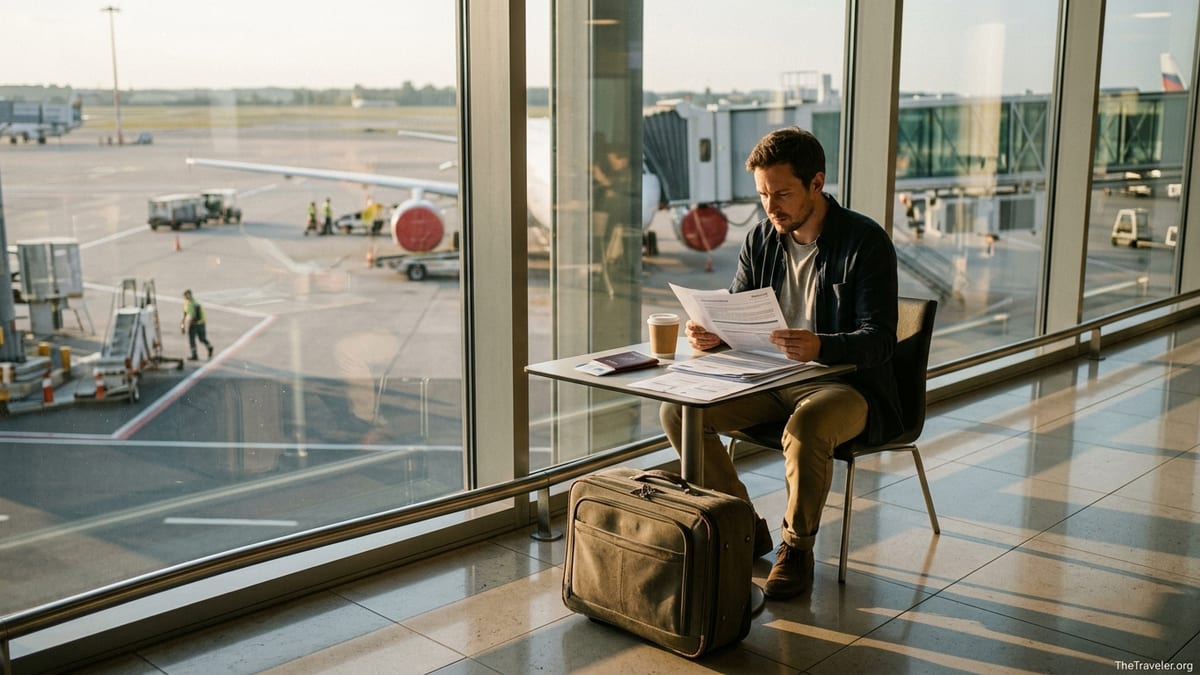 Traveler reading a printed travel insurance policy at an airport window before departure.