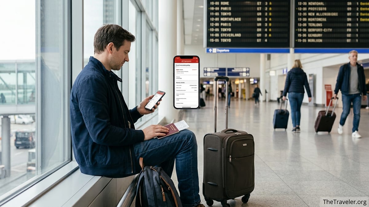 Traveler reviewing a digital travel insurance policy on their phone in an airport terminal.
