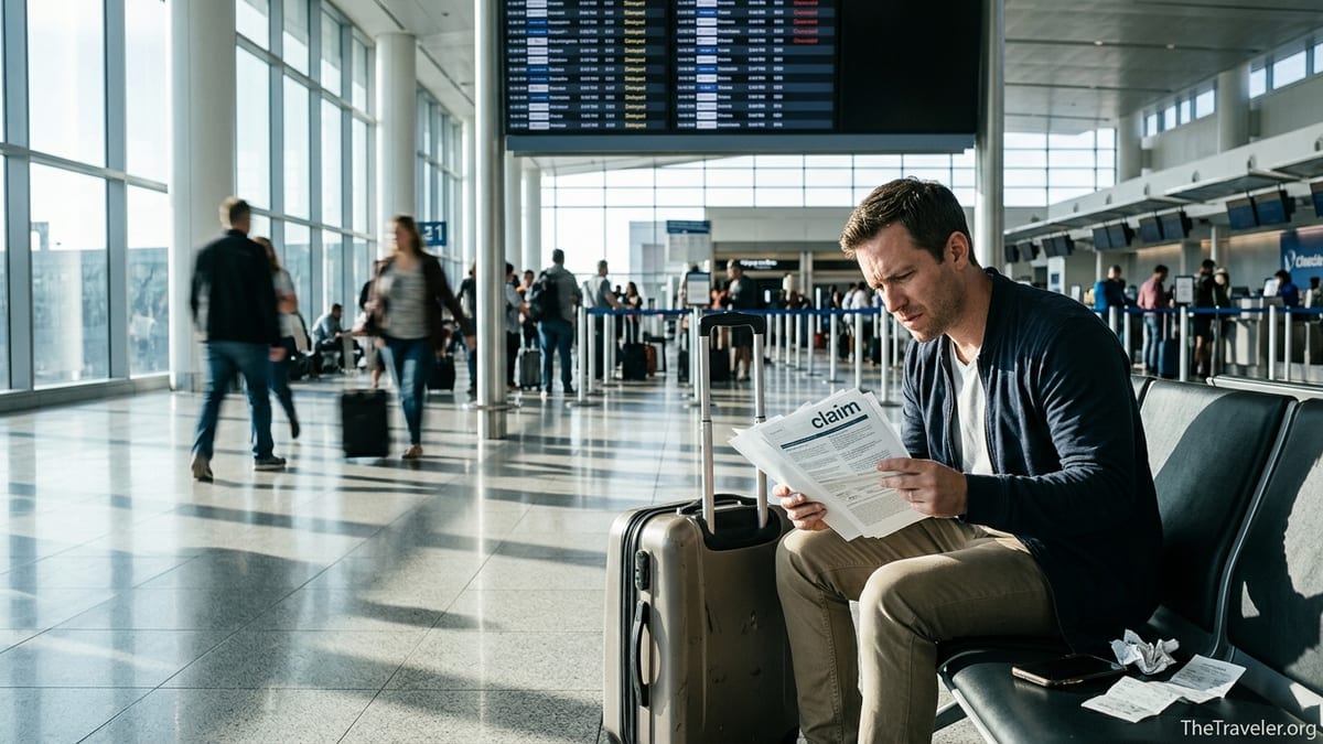 Frustrated traveler reviewing travel insurance papers in a busy airport terminal.