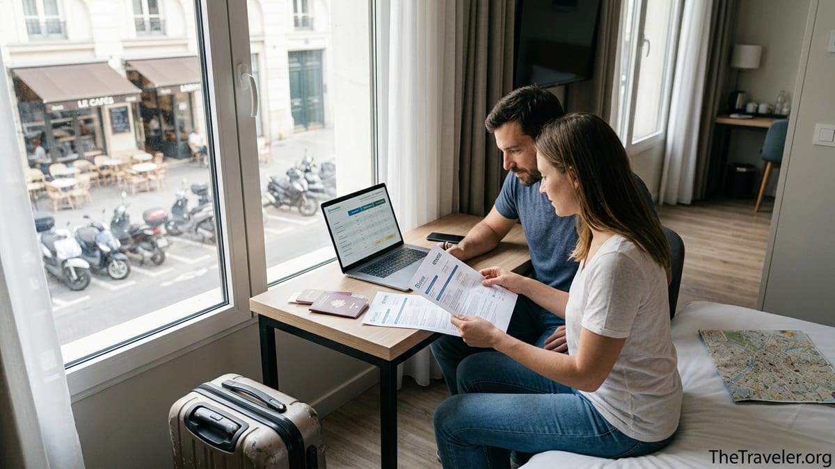 Travelers in a hotel room comparing different travel insurance documents by a sunny window.