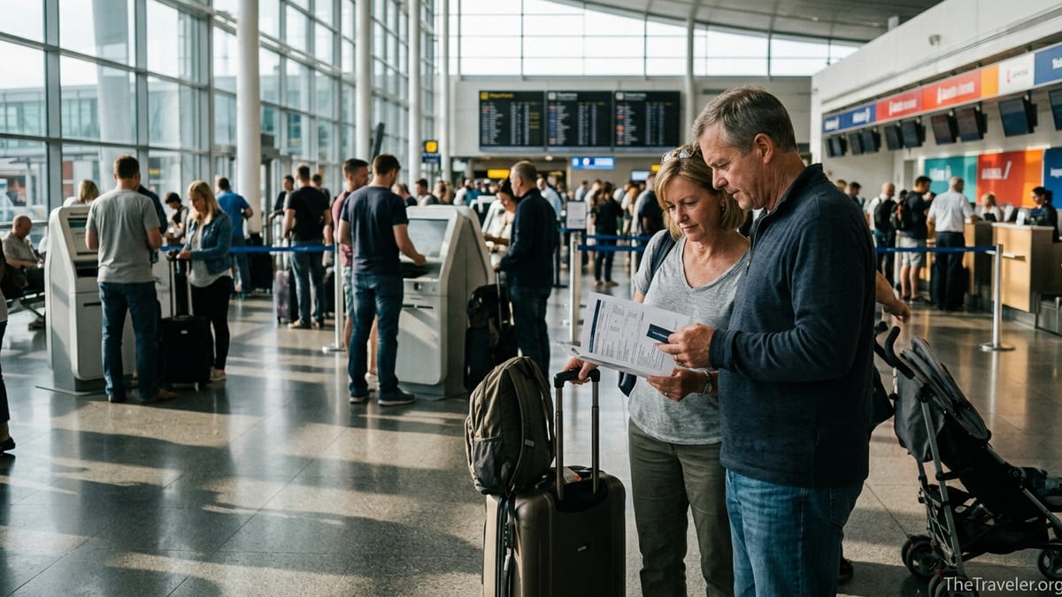 Travelers in an airport terminal reviewing trip papers and insurance at check in.