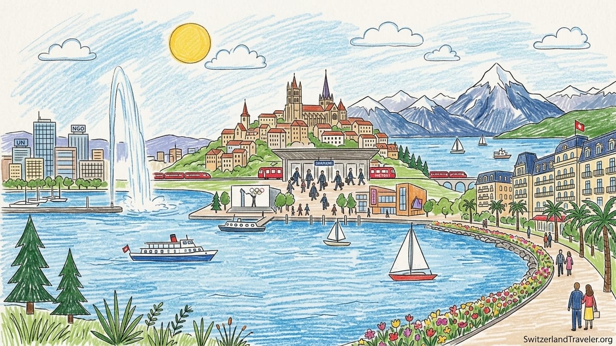 Aerial view of Lausanne, Lavaux vineyards and Montreux along Lake Geneva with Alpine backdrop.