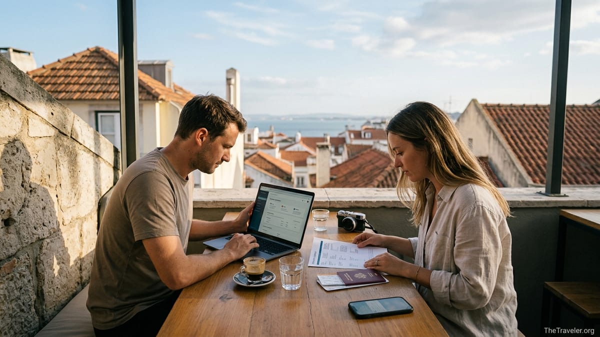 Digital nomad couple reviewing travel insurance on a rooftop terrace in Lisbon.