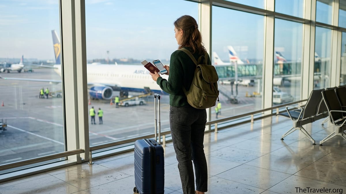 Traveler at airport window checking travel insurance on phone before international flight.