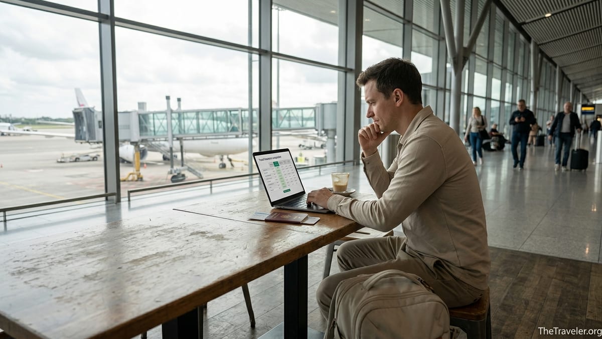 Digital nomad at an airport café comparing travel insurance on a laptop before a flight.