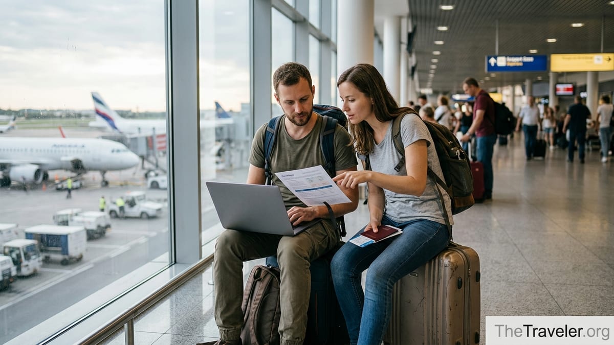 Digital nomad couple at an airport comparing travel insurance details on a laptop and printed policy.