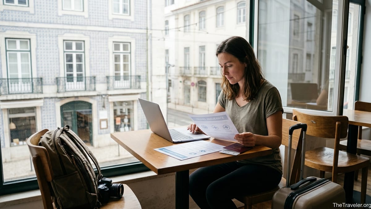 Digital nomad comparing travel insurance documents in a Lisbon coworking café.