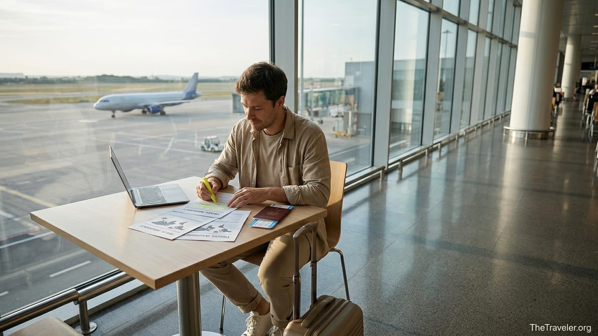 Traveler in airport lounge reviewing travel insurance documents by a window with planes outside.