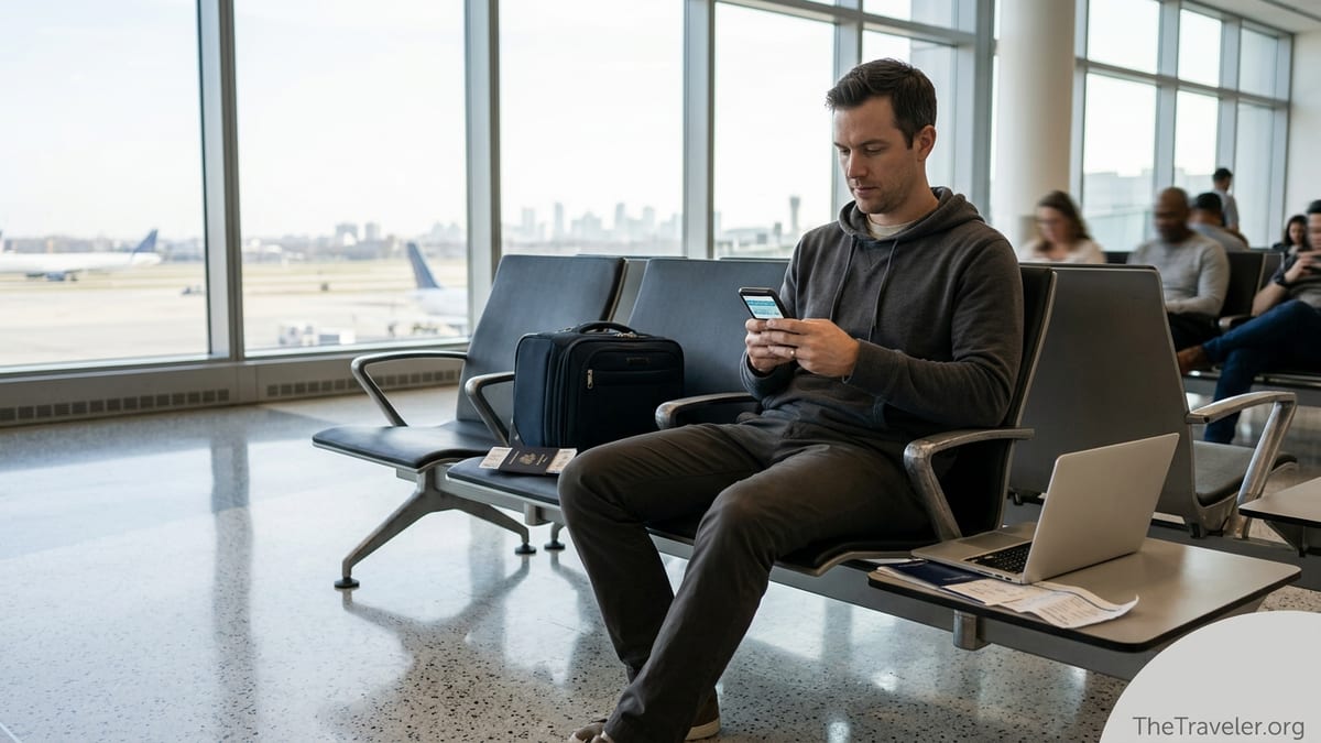 Traveler in an airport lounge reviewing travel insurance details on a phone.