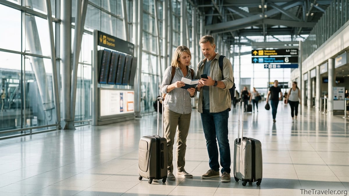 Couple reviewing travel insurance app in a bright international airport terminal