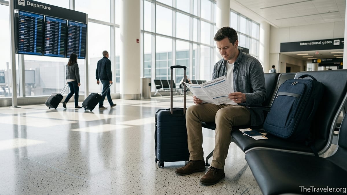 Traveler reviewing travel medical insurance papers in a bright international airport terminal.